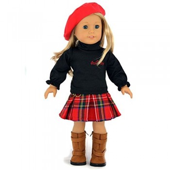 Ebuddy Â® 3pc Red Hat+top+grid Skirt School Outfit for 18″ American Girl Doll Clothes image