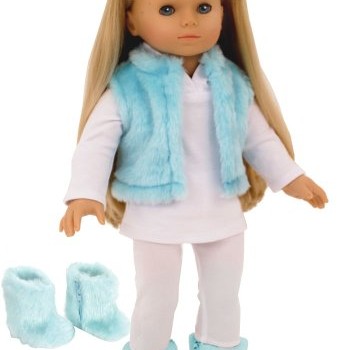 Doll Clothing Teal Fur Vest 4pc. Set fits American Girl Dolls, White Shirt, Doll Fur Vest, White Leggings & Teal Fur Doll Boots image