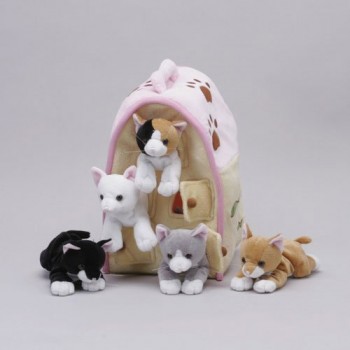 Plush Cat House with Cats – Five (5) Stuffed Animal Cats in Play Kitten House Carrying Case image