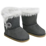 Stylish 18 Inch Doll Boots. Fits 18″ American Girl Dolls & More! Doll Shoes of Gray Suede Style Boots W/ Button & White Fur. thumbnail