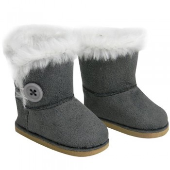 Stylish 18 Inch Doll Boots. Fits 18″ American Girl Dolls & More! Doll Shoes of Gray Suede Style Boots W/ Button & White Fur. image