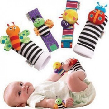 4 x Baby Infant Soft Toy Wrist Rattles Hands Foots finders Developmental LAMAZE image